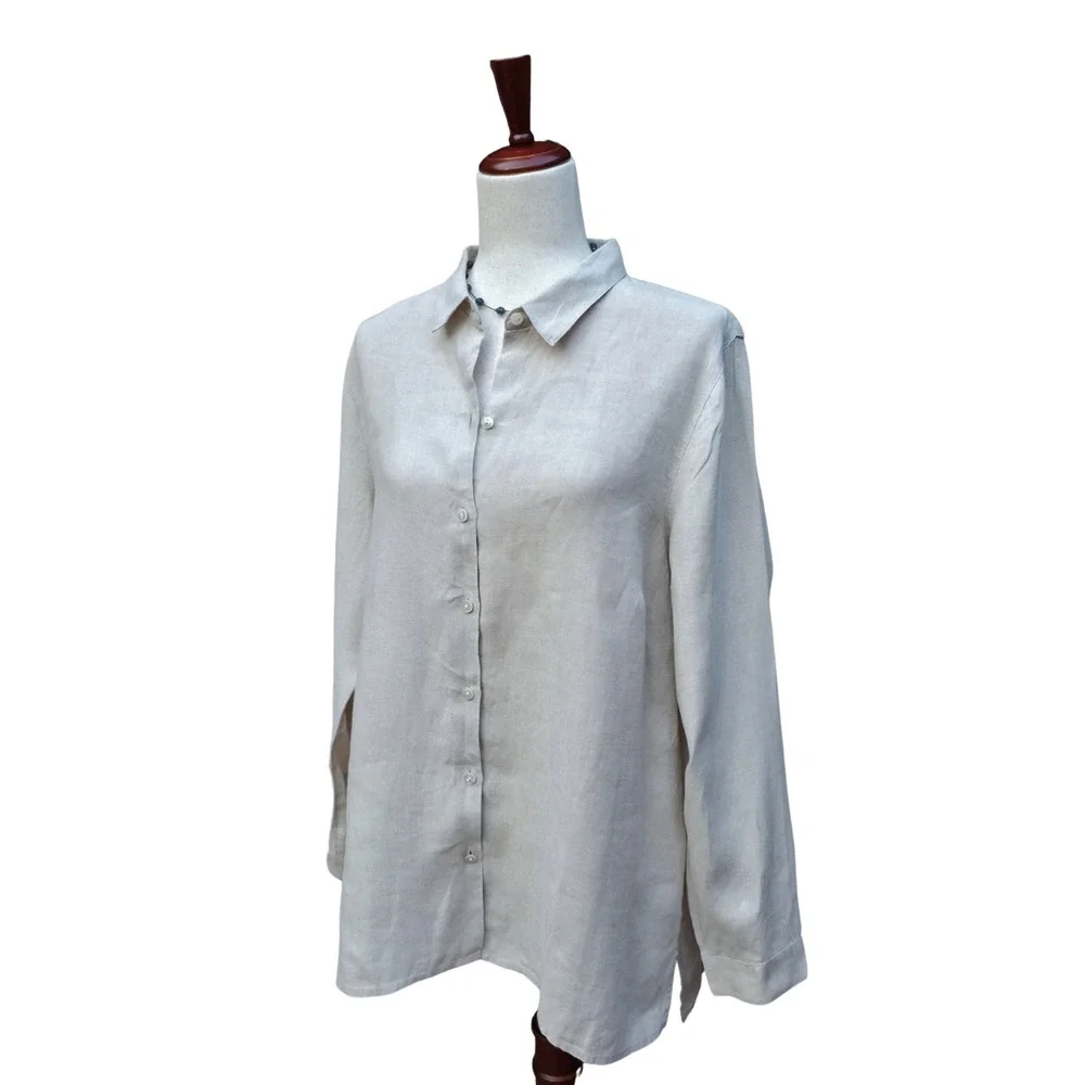 J. Jill Love Linen Button Down L Beige Coastal Minimalist Oversize Long Sleeve - Picture 2 of 13